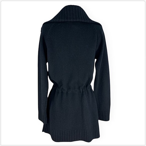 Ralph Lauren Long Black Wool Cinch Waist Cardigan Zip Snap Front Sweater M - Picture 3 of 4